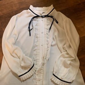 French style blouse with lace trim and neck tie